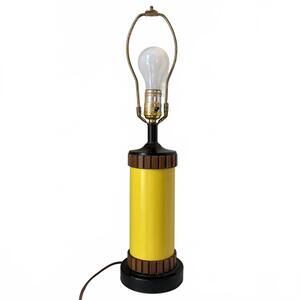 1960s Gruvwood table lamp with a yellow cylinder and wood accents